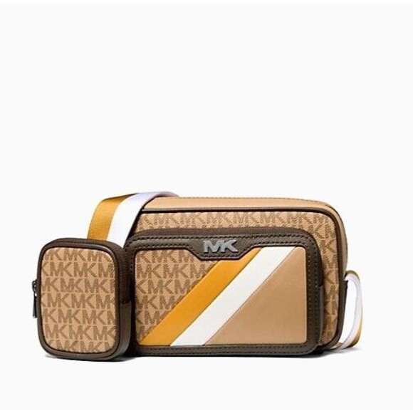New Michael Kors Rivington Striped Logo Camera Bag Golden Rod Multi with Pouch - Picture 1 of 4